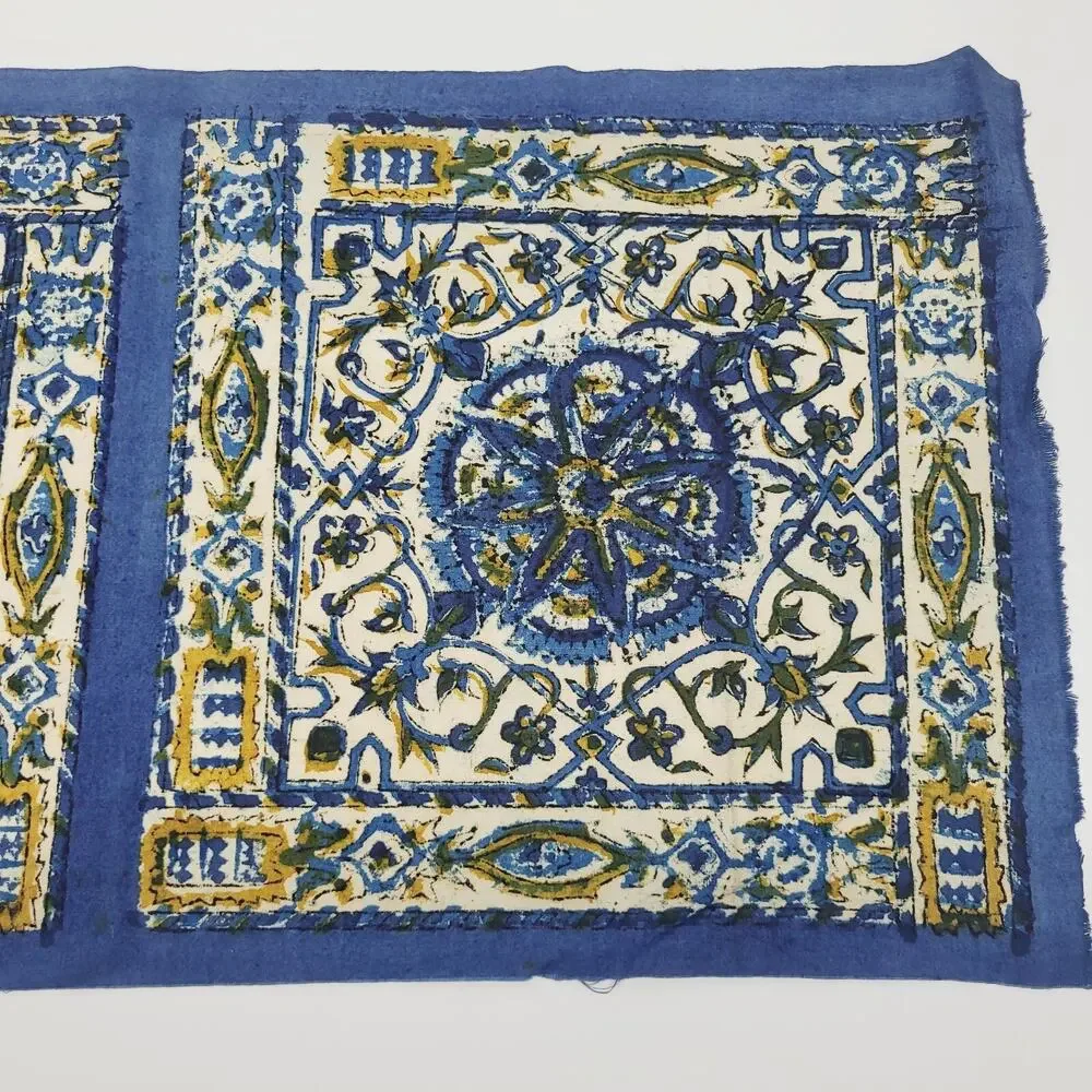 Vintage Turkish Blue Mandala Flower Set 4 Connected Fabric Panel Turkey Made